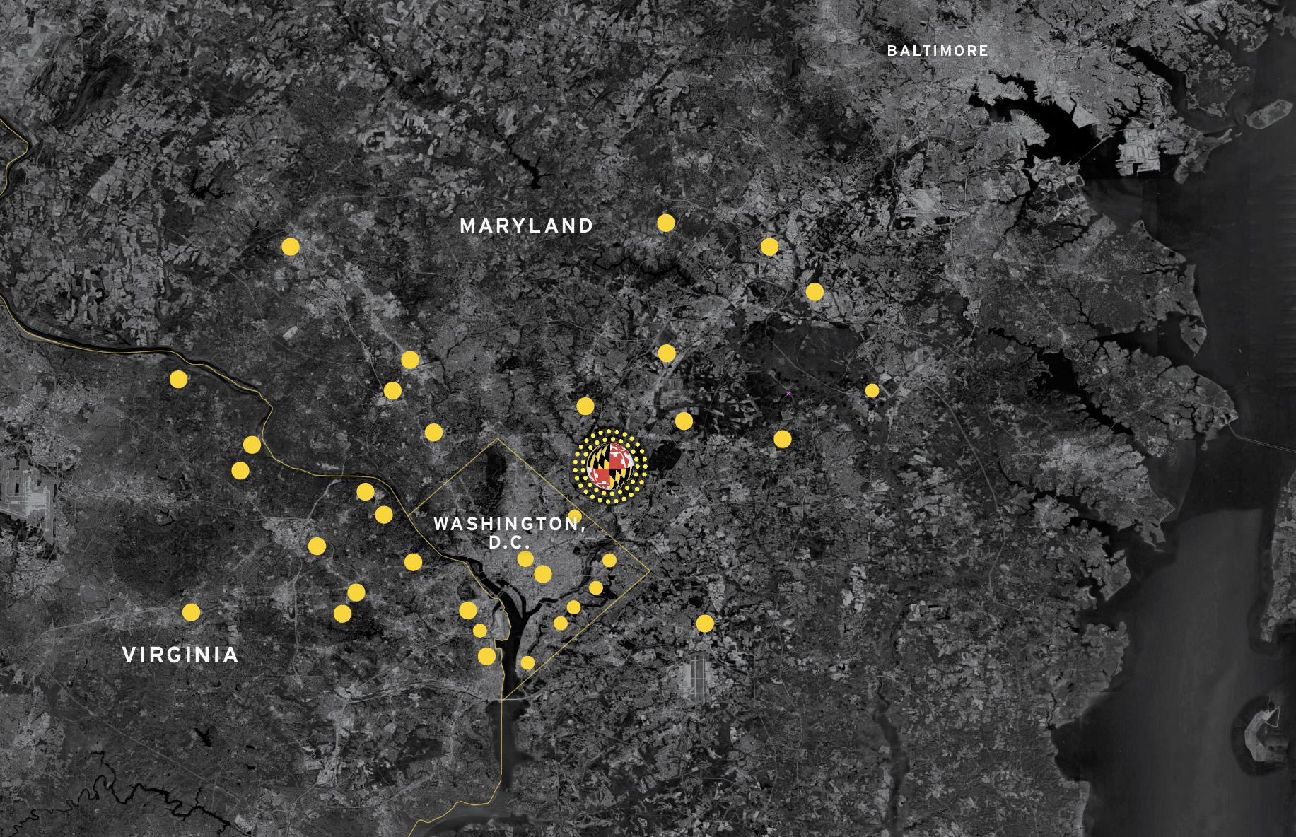 Terrain map of the Maryland-Virginia-DS region with dots showing Quantum focused or adjacent companies and organizations