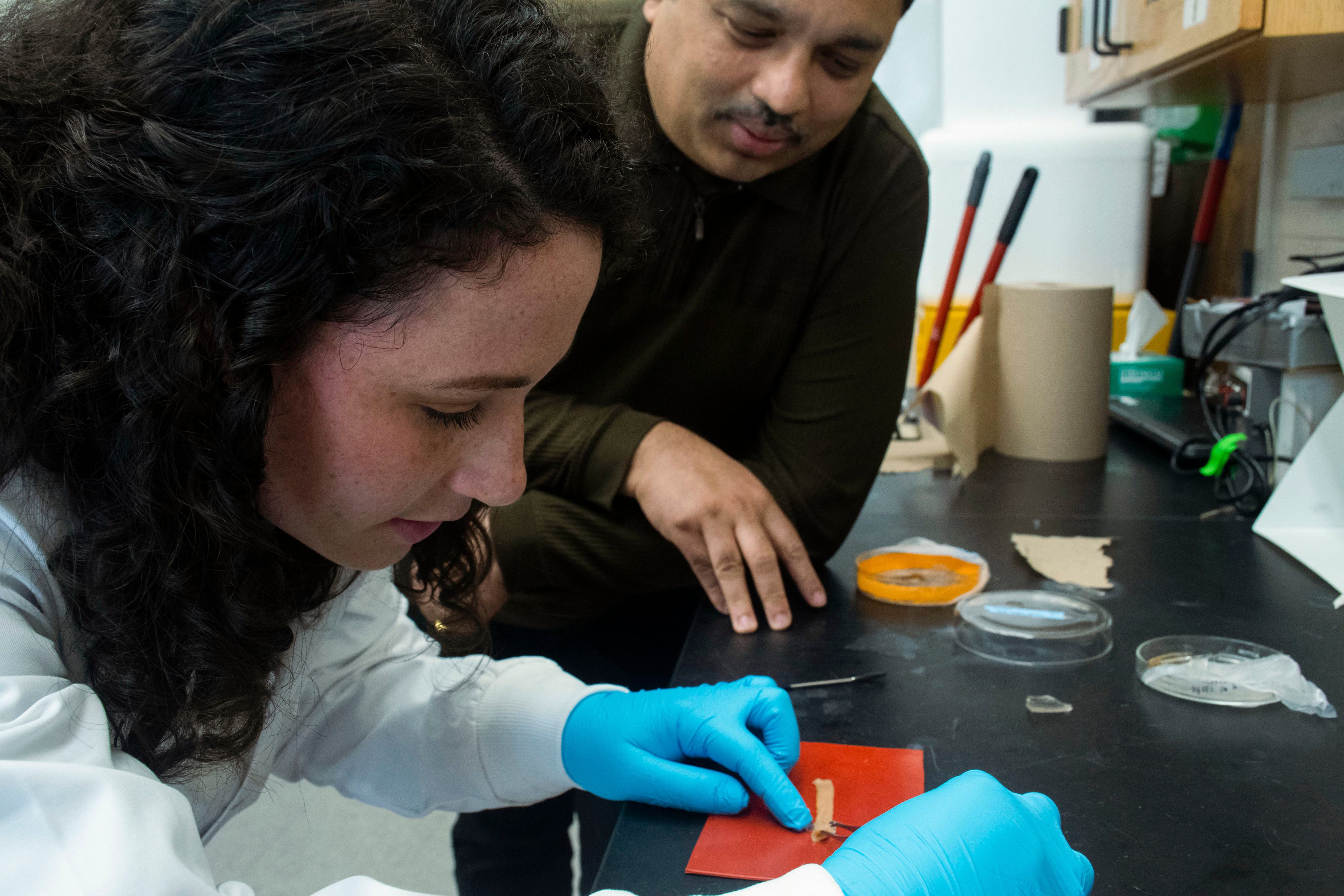 Leah Borden and Srinivasa Raghavan work with their adhesive patch