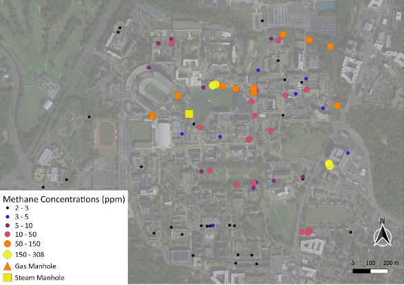 This map shows the concentration of methane (top) and the ethane-to-methane ratio (bottom) within the UMD sanitary sewer system. Areas with a higher ethane-to-methane ratio indicate potential non-microbial methane sources, such as leaks from nearby natural gas pipelines.