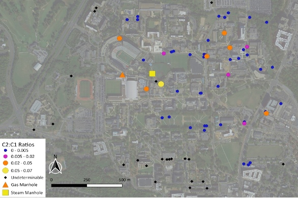 This map shows the concentration of methane (top) and the ethane-to-methane ratio (bottom) within the UMD sanitary sewer system. Areas with a higher ethane-to-methane ratio indicate potential non-microbial methane sources, such as leaks from nearby natural gas pipelines.