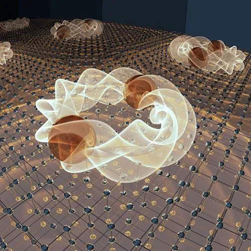 Twisting doughnut like objects float above a plain of nodes