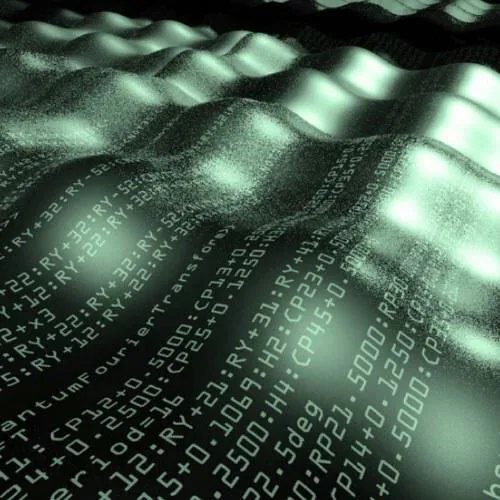 Computer generated graphic of a dark green plain of computer code waves that stretch into the distance